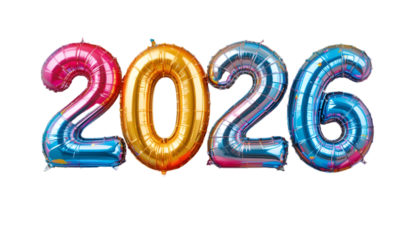 Colorful balloons shaped like numbers spelling out the year 2026 on a black background