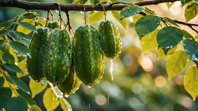 Green Star Fruits Hanging on a Branch After Rain.