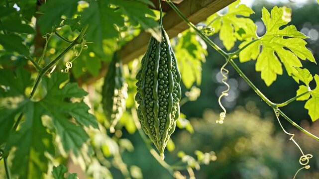 Bitter Melon Gourd Hanging from Vine in Lush Green Garden Sunlight.