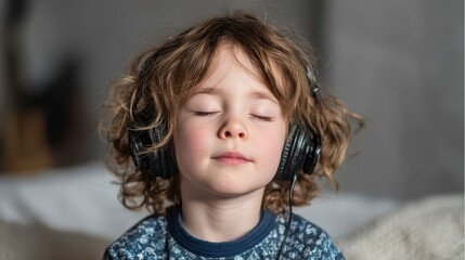 A young child with curly hair wearing headphones, eyes closed, appearing serene and lost in sound. The photo focuses on the child's face