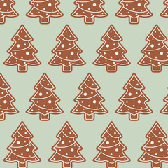 Seamless Christmas pattern with hand drawn gingerbread Christmas tree cookies. Festive winter background for wrapping paper, textile, wallpaper and holiday decor.