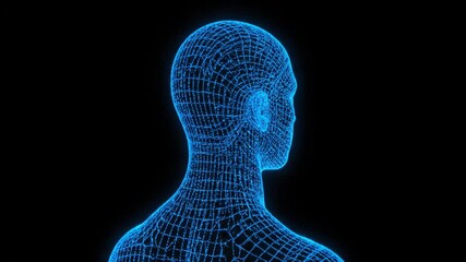 Rotating Blue Wireframe Human Head and Torso on Black Background Representing AI and Digital Technology - Powered by Adobe