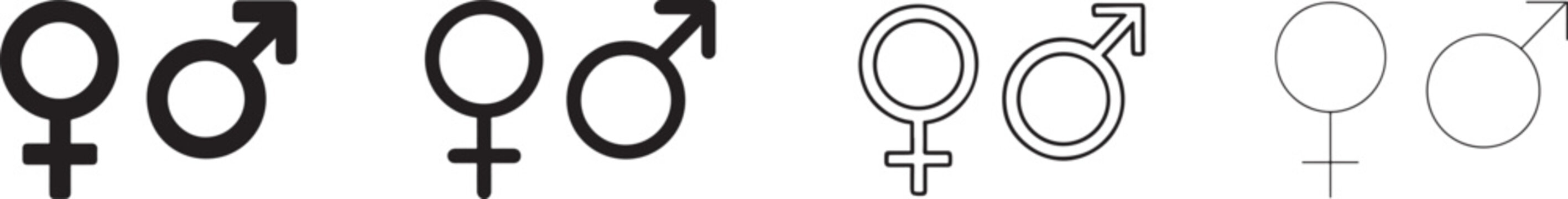Silhouette icon set of male and female signs with men and women gender symbols.
