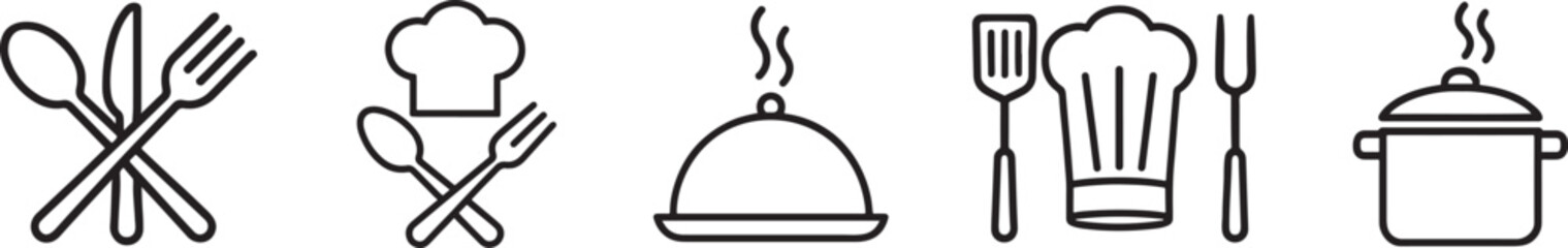 Silhouette cooking icon set with kitchen tools, food prep and culinary symbols.
