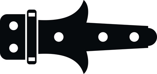 Black silhouette of a rustic door hinge with decorative elements, isolated on white