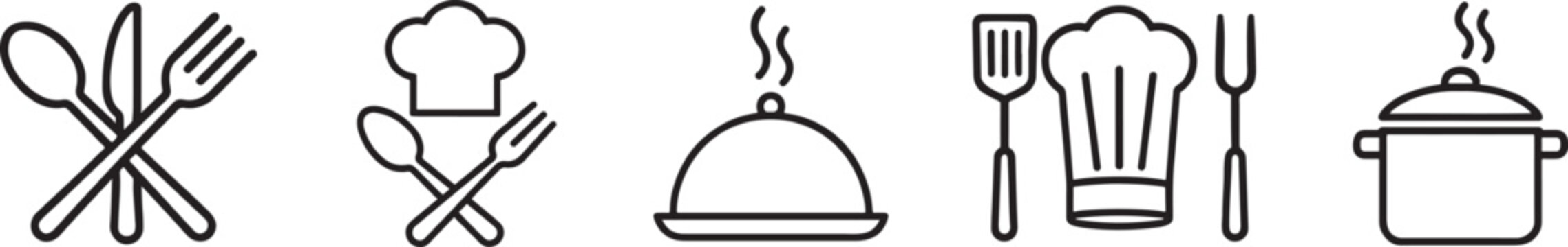 Silhouette cooking icon set with kitchen tools, food prep and culinary symbols.