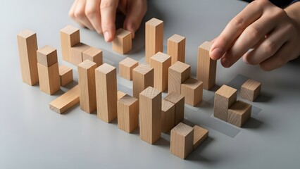 Hands meticulously arranging wooden blocks on a grey surface, symbolizing strategic business planning, data visualization, and the conceptualization of growth and development within an organization