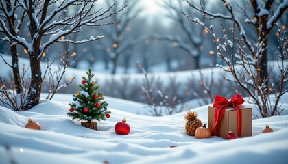 Serene Winter Holiday Scene: Christmas Tree, Gift Box, and Snow-Covered Landscape in a Peaceful Holiday Atmosphere