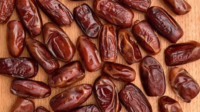 Pile of dried dates rotating on the wooden table. Close-up. Top view.