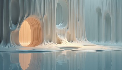 Abstract Organic Sculpture Illuminated by Warm Interior Light with Reflective Surface and Cool Blue Tones Evoking an Ethereal Atmosphere