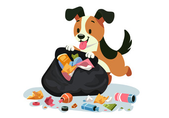 Illustration Naughty Dog Digging Through Trash Bag and Making a Mess