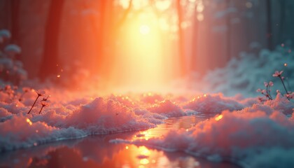 Winter forest path bathed in golden sunrise light casting warm orange hues over snow covered ground and glistening ice creating a magical serene