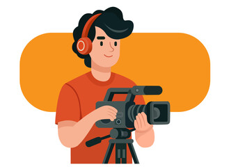 llustration Professional Videographer Operating Video Camera with Headphones