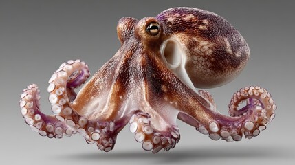 A large octopus with a purple head and orange body. The octopus is in the air and he is in motion