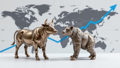 Obraz premium Bull and Bear Market Symbols Representing Economy with Growth Chart and World Map Background