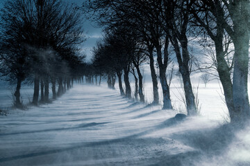 Snow-covered roads, snowstorm, strong winds, poor road conditions