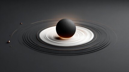 A black and white image of a planet with a large black ball in the center. The planet is surrounded by a white circle, and there are several smaller circles scattered around it