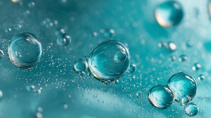 Macro photograph captures transparent, spherical bubbles suspended within a blue-toned liquid, suggesting an abstract, microscopic world