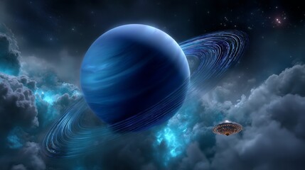 A blue planet with a ring around it and a spaceship flying by