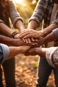 A diverse group of people stacking their hands together in a gesture of unity and teamwork outdoors with warm light.