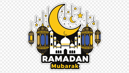 Ramadan Mubarak celebration graphic with mosque and lanterns