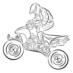 isolated illustration of a ATV rider, black and white vector drawing, white background