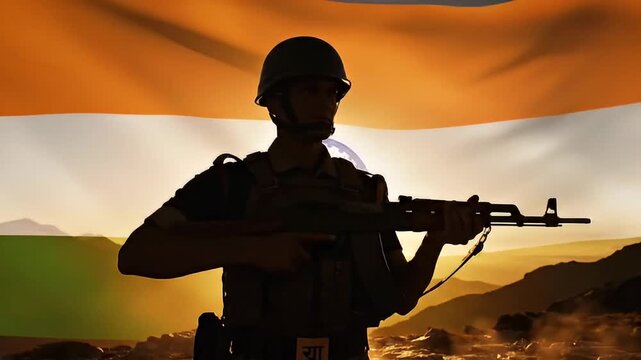 Indian Army Soldier Silhouette Indian Flag Background Sunset