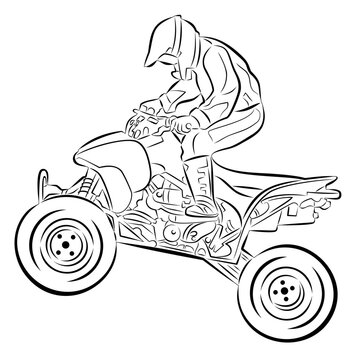 isolated illustration of a ATV rider, black and white vector drawing, white background