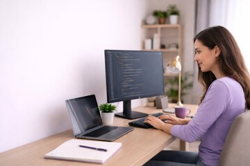 Woman programmer coding working remote from home office