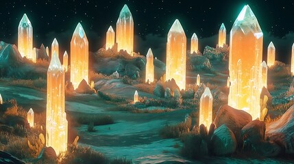 A unique landscape with glowing crystal formations growing from the ground 