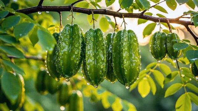 Green star fruits hanging from a tree branch with water droplets.
