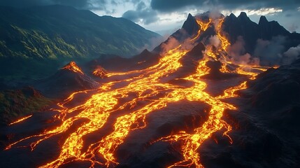A unique mountain range with glowing veins of light running through the rocks 
