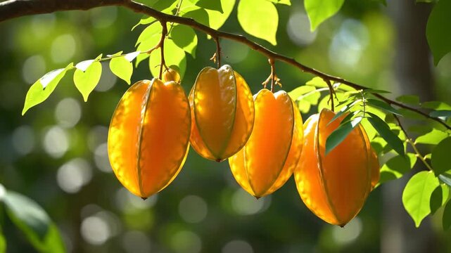 Ripe Star Fruits Hanging on a Tree Branch in Sunlight.