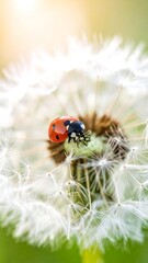 Obraz premium A ladybug perches on a dandelion puffball, lit by the sun