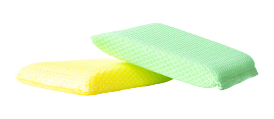 Yellow and green dish sponges in stack isolated with clipping path in png file format