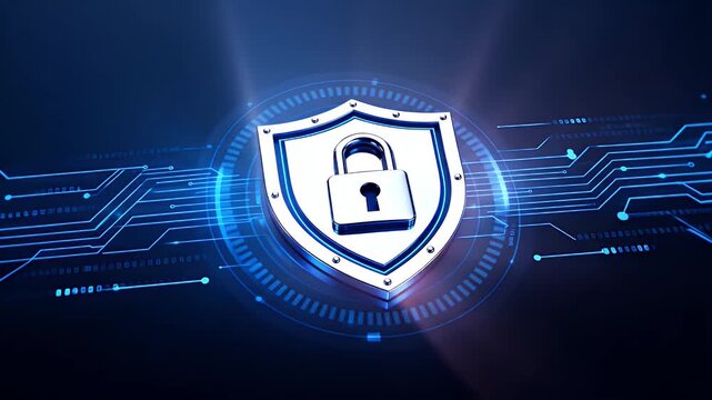 A glowing metallic shield with a padlock icon on a dark blue digital circuit board background, representing cybersecurity.