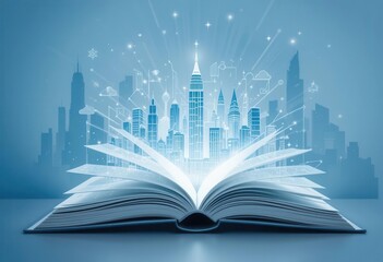 Open book with glowing city on blue background. Education and knowledge concept Generative AI Open book with glowing city on blue