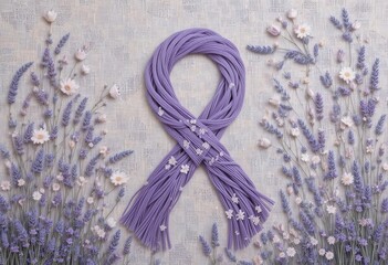Banner of lavender flowers and a lavender ribbon on a light background Generative AI Banner of lavender flowers and a lavender