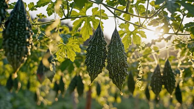 Close-up of Bitter Melons Hanging on a Vine in a Garden.