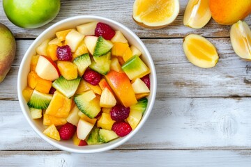 Bowl of chopped colorful fruits including kiwi, mango, blueberries, and raspberries arranged beautifully for small exotic birds with copy space