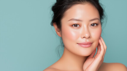 Smiling asian woman with hand on cheek. Perfect for advertising, marketing, and social media graphics with a friendly and approachable vibe.