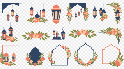 Ramadan lanterns and floral wreaths isolated on transparent background