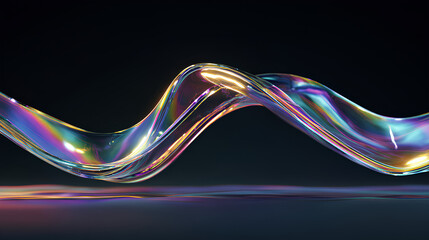 3d iridescent liquid glass ribbon wave line with neon rainbow light texture on abstract black background. Holographic gradient water flow with speed motion effect. Digital tech banner. 