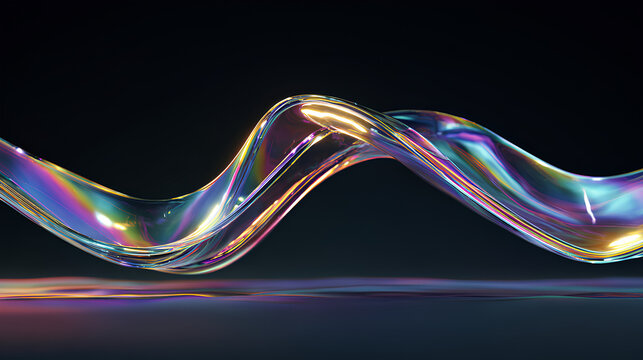 3d iridescent liquid glass ribbon wave line with neon rainbow light texture on abstract black background. Holographic gradient water flow with speed motion effect. Digital tech banner.  - Powered by Adobe
