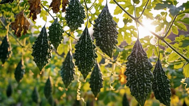 Bitter melon gourds hanging from vines in a garden at sunset.