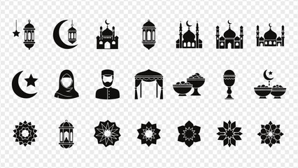 Ramadan Kareem icons set with mosque lanterns and crescent moon