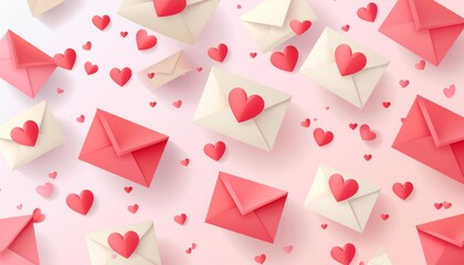 Valentine's Day letters and hearts scattered on pink background