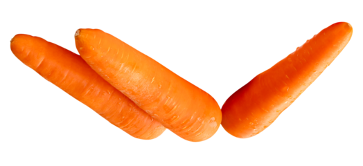 Side view of three fresh orange carrot roots in stack isolated with clipping path in png file format