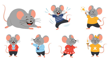 Fototapeta premium Set of various cute cartoon mice characters in different poses and outfits like dancing playing and holding a candle.