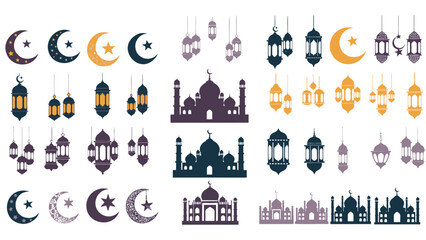 Islamic ramadan lanterns and mosque silhouettes on white